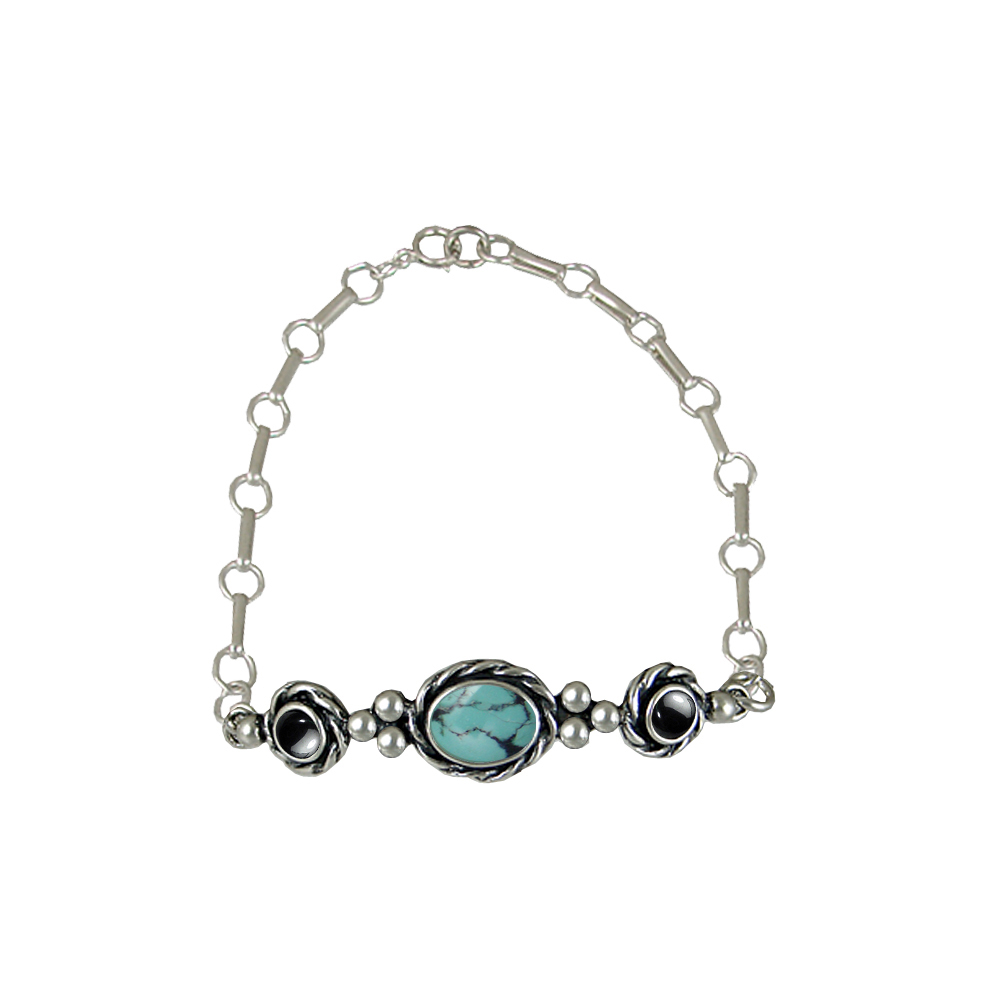 Sterling Silver Gemstone Adjustable Chain Bracelet With Chinese Turquoise And Hematite